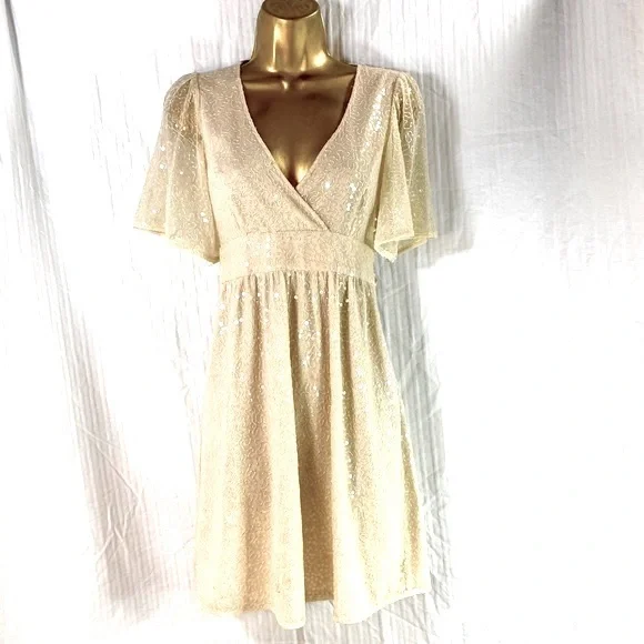 Betsey Johnson Vintage Sz 6 Gold Sequin Silk Mini Dress Evening Black Label  Y2K